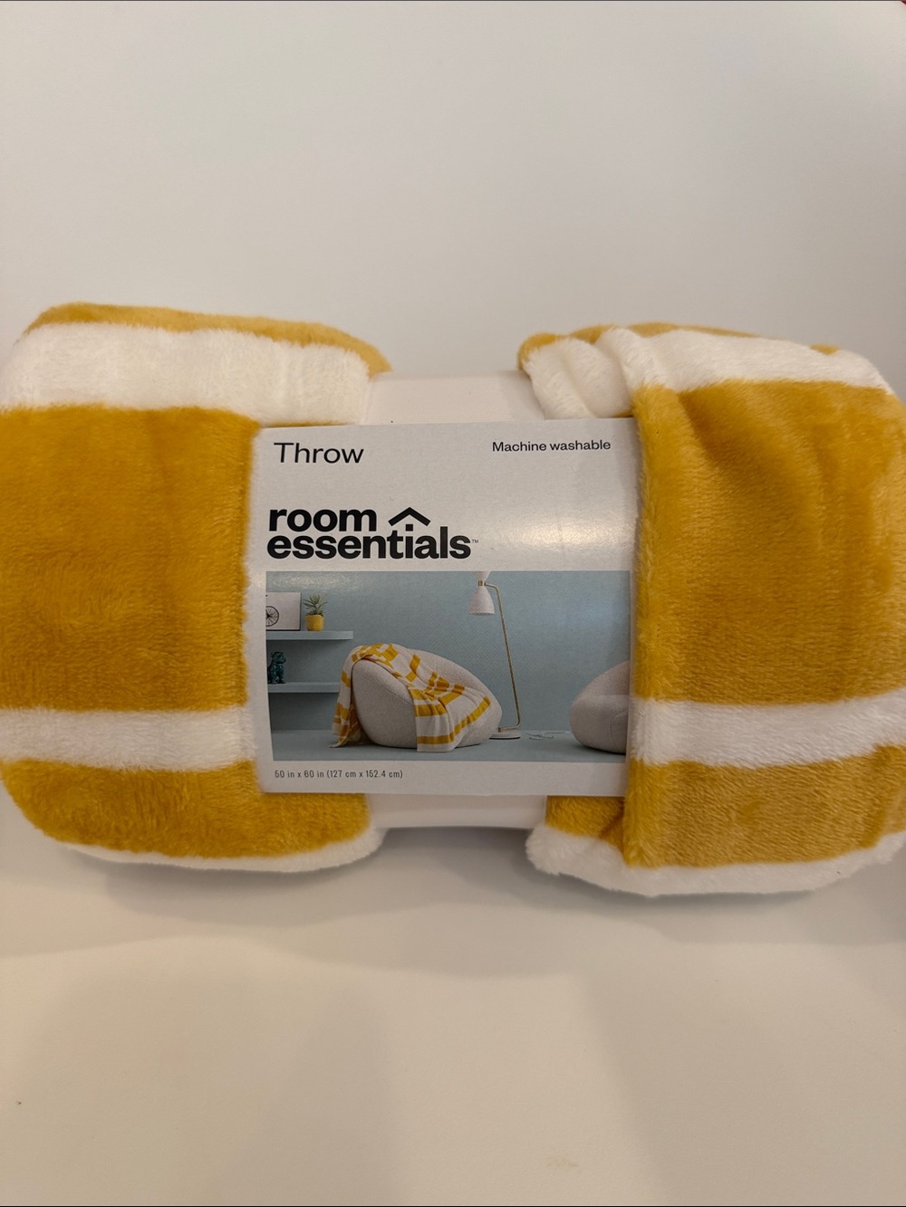 Room Essentials Mustard Yellow and White Striped Plush Throw